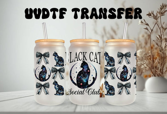 UVDTF Wrap Black Cat Social Club Coquettes Bows 16oz Can Glass Mug Tumbler, Ready to apply, Permanent Waterproof Adhesive