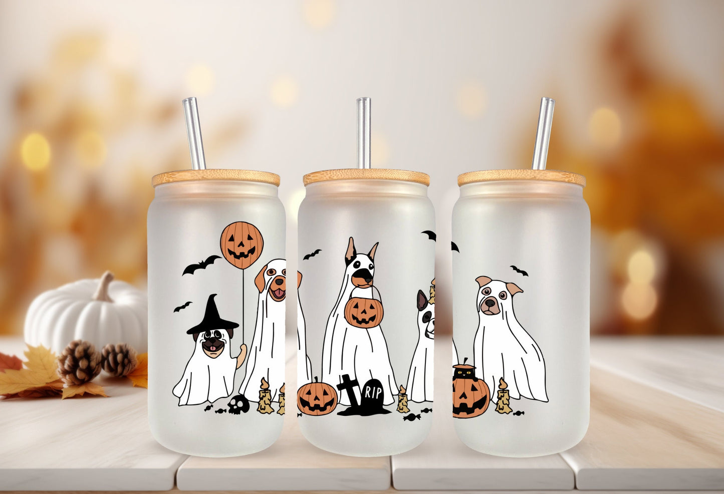 UVDTF Wrap Halloween Spooky Ghost Dogs for 16oz Can Glass Mug Tumbler, Ready to apply, Permanent adhesive, Double Sided option