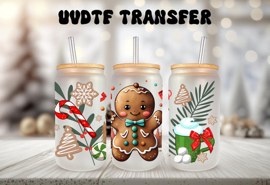 UVDTF WRAP Gingerbread Man Christmas 16 oz Can Glass Mug Tumbler, Christmas Wrap, Ready to apply, Waterproof Permanent Adhesive