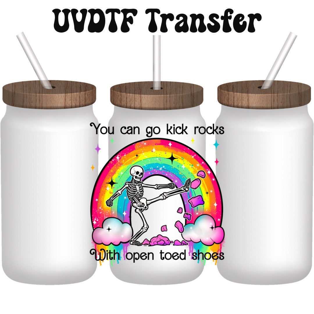 UVDTF Decal Retro Skeleton Kick Rocks 16oz Can Glass Mug Tumbler, Ready to Apply, Permanent Waterproof Adhesive, Add on a Can Glass