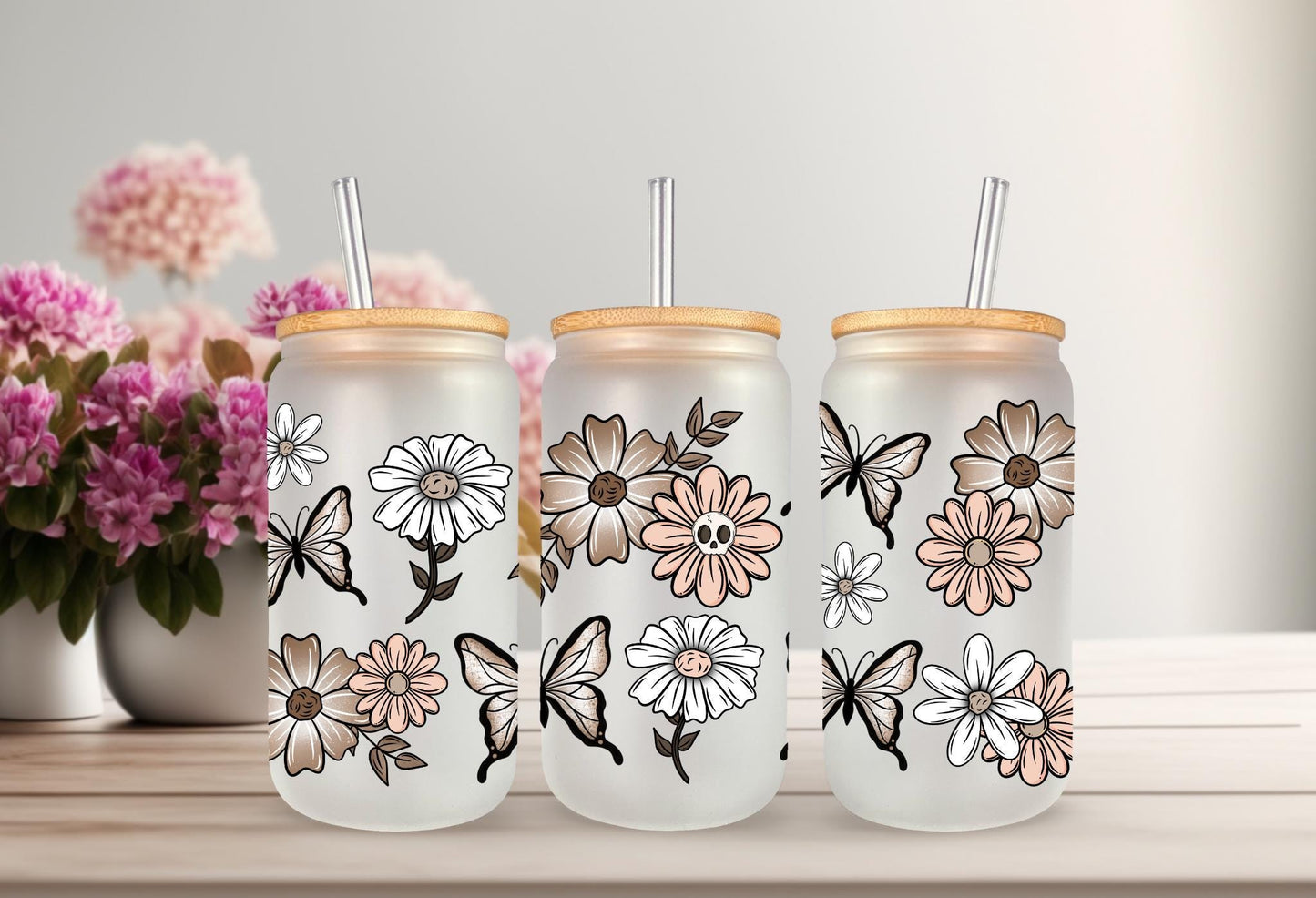 UVDTF Wrap Floral Butterfly Skull for 16oz Can Glass Mug Tumbler, Daisy Wrap, Ready to Apply, Permanent Waterproof Adhesive (Copy)