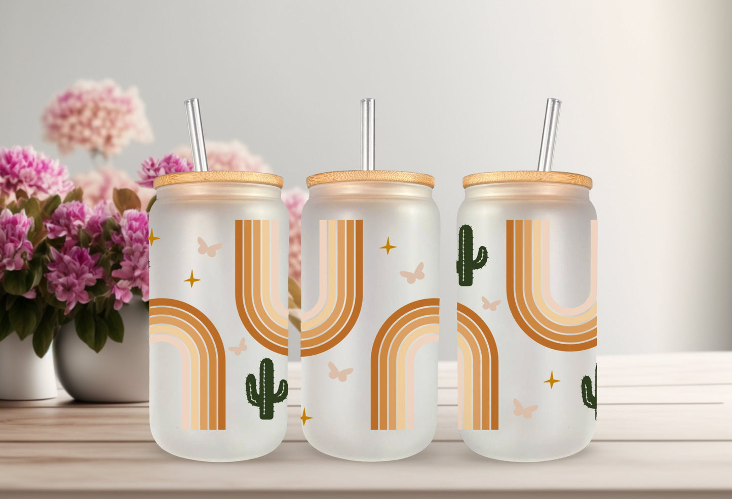 UVDTF Wrap Boho Cactus 16oz Can Glass, Mug, Tumbler, Ready to apply, Permanent Adhesive Waterproof