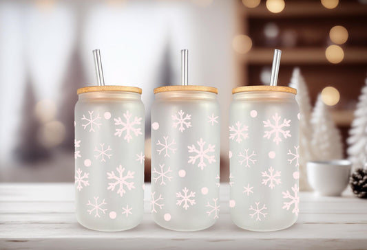 UVDTF Wrap Light Pink Snowflakes 16oz Can Glass Mug Tumbler, Ready to Apply, Permanent Waterproof Adhesive