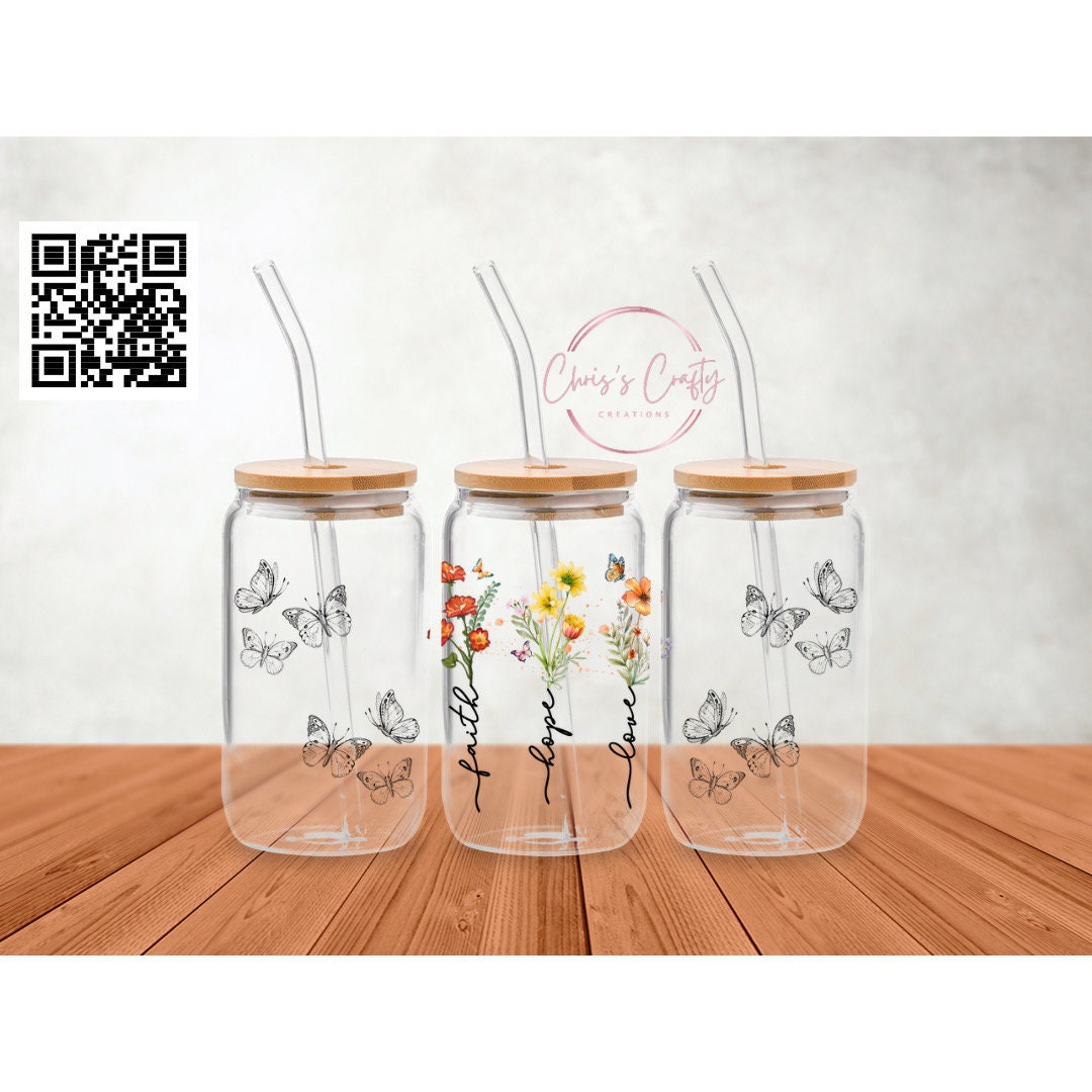 UVDTF Wrap Love Faith Hope Butterfly 16oz Can Glass Mug Tumbler, Ready to Apply, Permanent Waterproof Adhesive