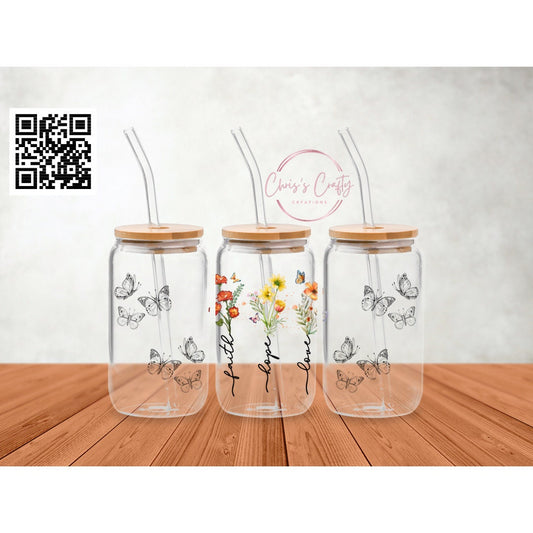 UVDTF Wrap Love Faith Hope Butterfly 16oz Can Glass Mug Tumbler, Ready to Apply, Permanent Waterproof Adhesive