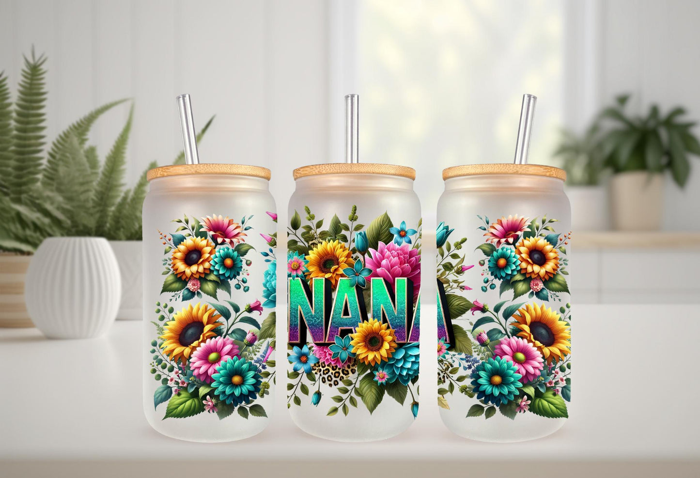 UVDTF Wrap Floral Nana for 16oz Can Glass Mug Tumbler, Grandmother Wrap, Ready to Apply, Permanent Waterproof Adhesive