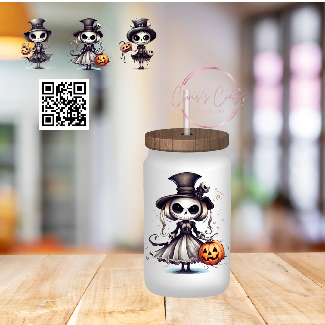 UVDTF Wrap Halloween Jackie Skeleton 16oz Can Glass Mug Tumbler, Ready to Apply, Permanent Waterproof Adhesive