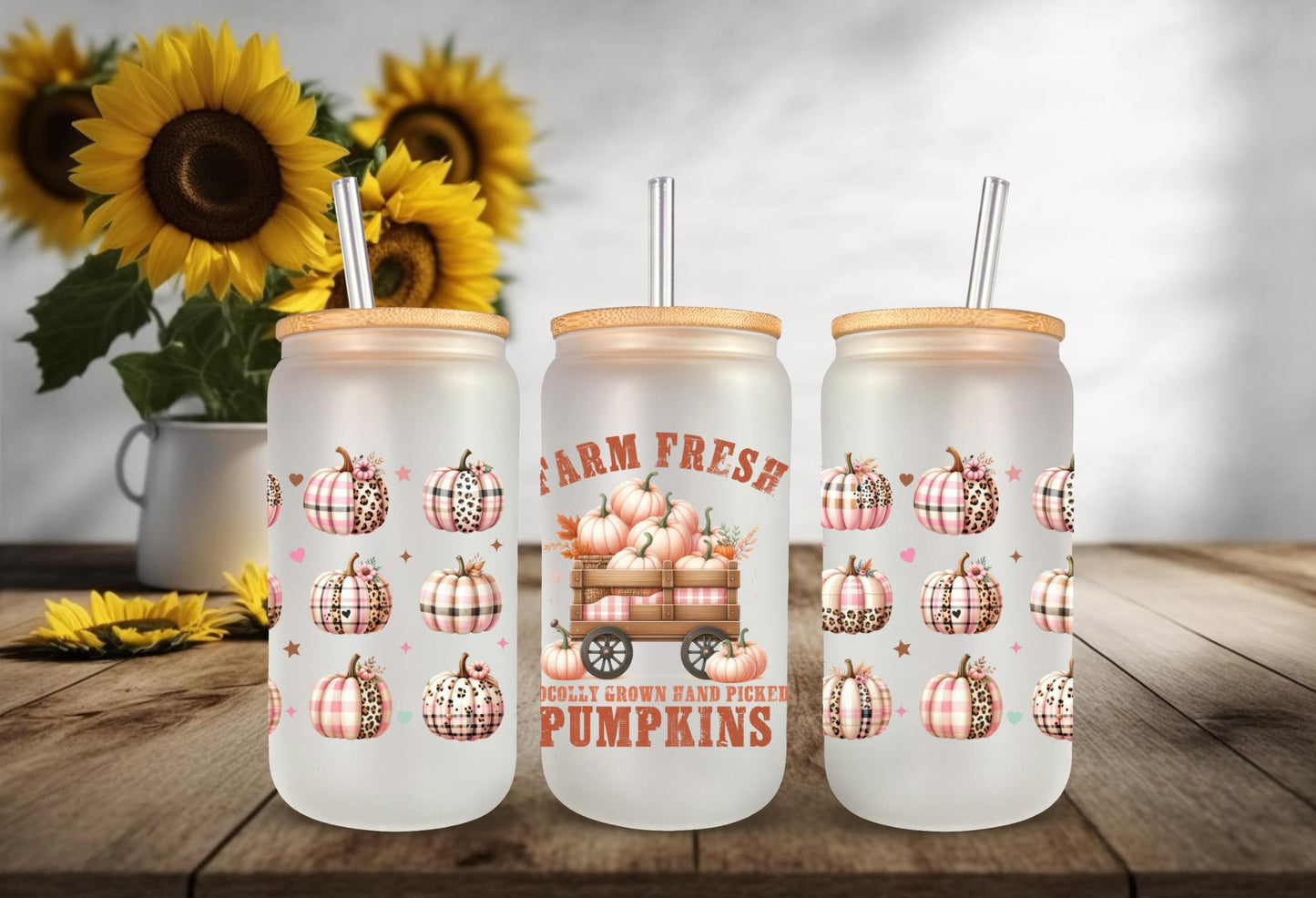 UVDTF Wrap Farm Fresh Pumpkins for 16oz Can Glass or 40oz Tumbler, Ready to apply, Permanent adhesive, Double Sided option