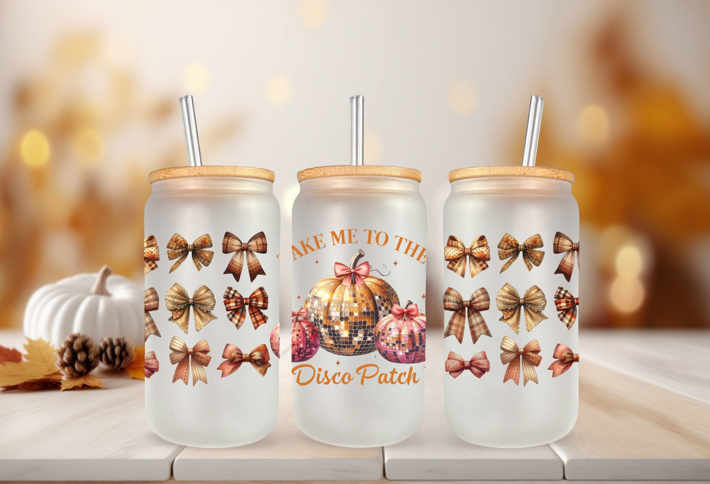 UVDTF Wrap Pumpkin Take Me to the Disco Patch for 16oz Can Glass Mug Tumbler, Ready to apply, Permanent Waterproof Adhesive, Double Sided option