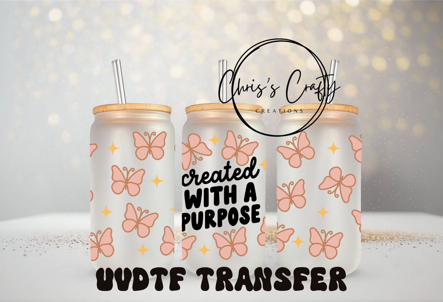 UVDTF Wrap Christian Created With Purpose 16oz Can Glass Mug Tumbler, Christian Wrap, Ready to apply, Permanent Waterproof Adhesive