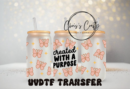 UVDTF Wrap Christian Created With Purpose 16oz Can Glass Mug Tumbler, Christian Wrap, Ready to apply, Permanent Waterproof Adhesive