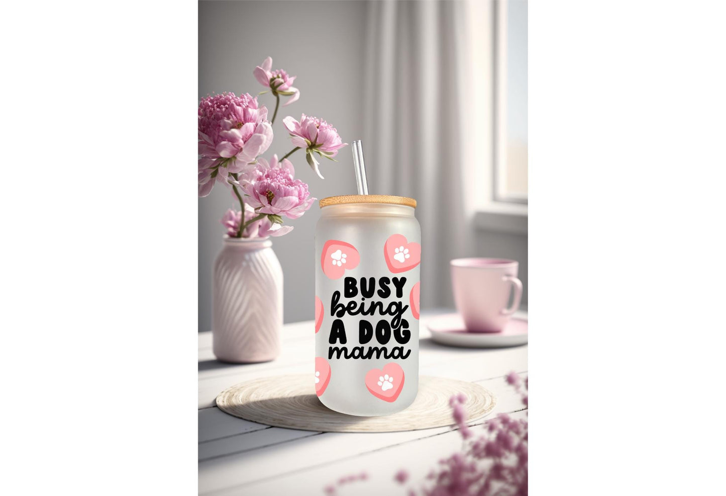 UVDTF Wrap Dog Mama Hearts Paws 16oz Can Glass Mug Tumbler, Ready to apply, Permanent Waterproof Adhesive