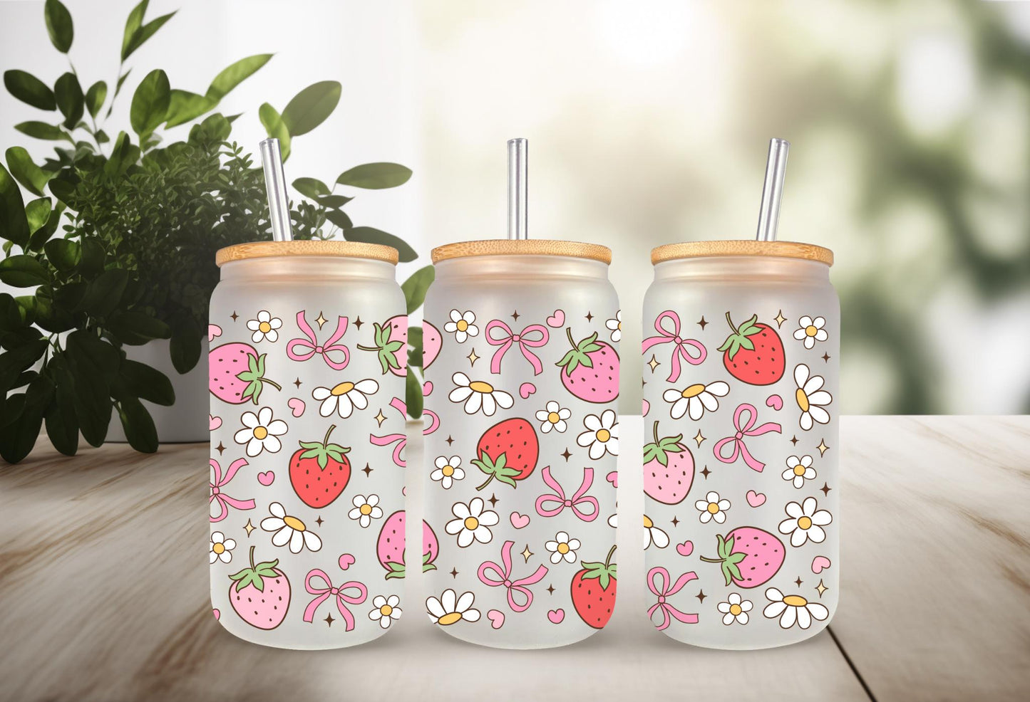 UVDTF Wrap Strawberry Daisy Bow 16oz Can Glass Mug Tumbler, Ready to apply, Permanent Waterproof Adhesive