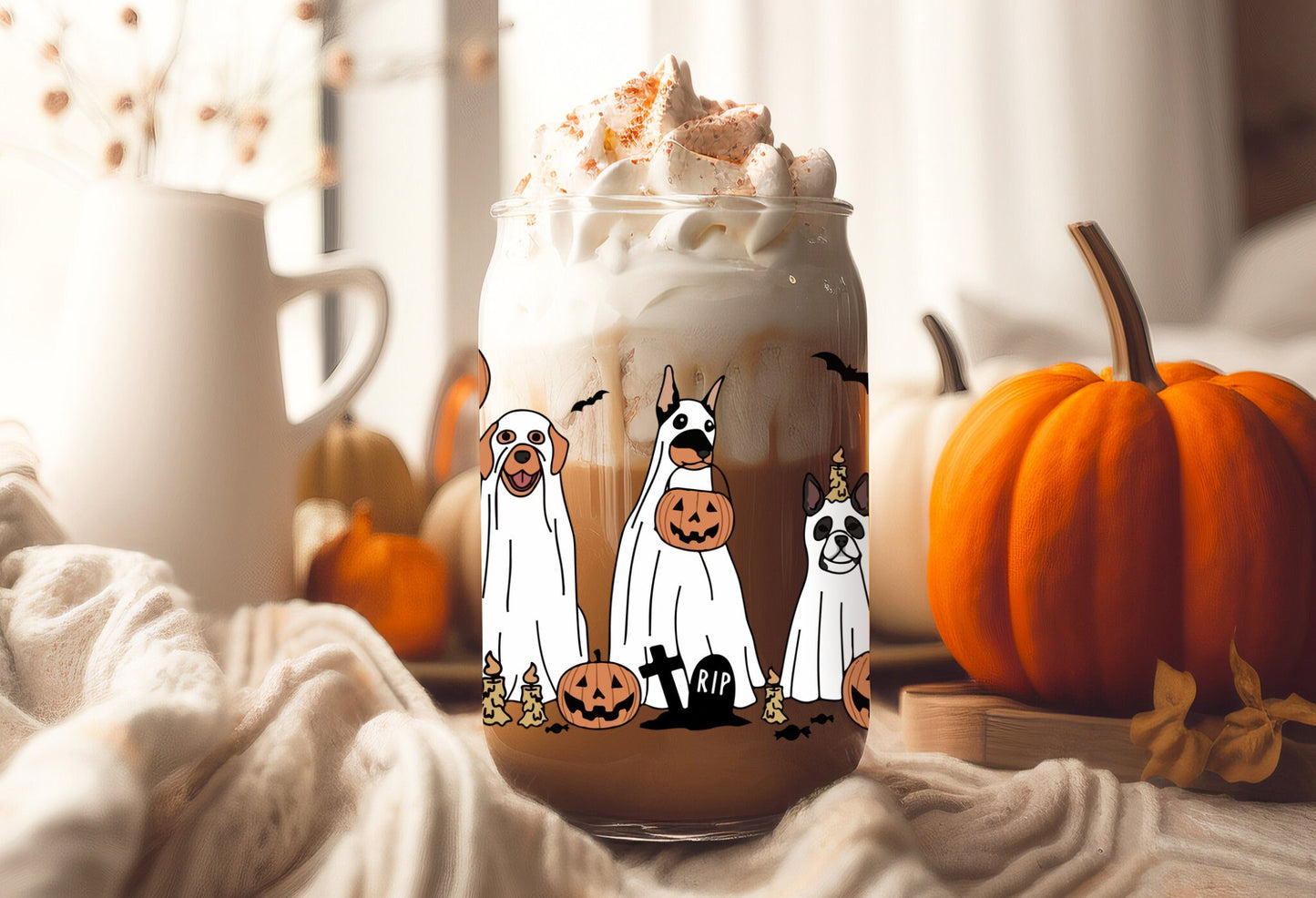 UVDTF Wrap Halloween Spooky Ghost Dogs for 16oz Can Glass Mug Tumbler, Ready to apply, Permanent adhesive, Double Sided option