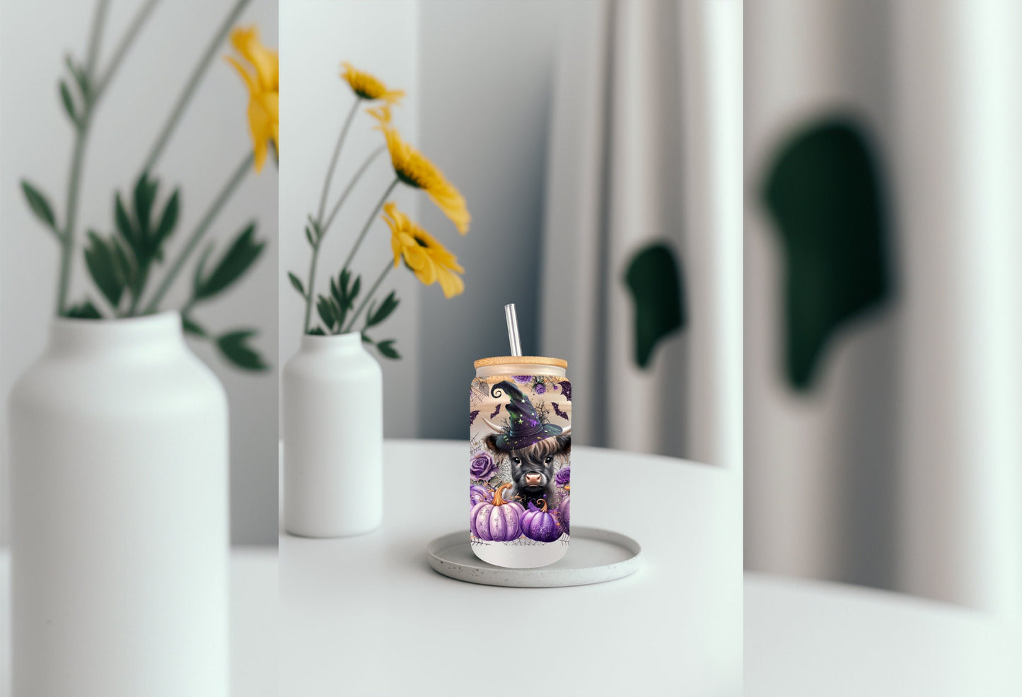 UVDTF Wrap Witch Highland Cow Purple pumpkins 16oz Can Glass, Mug,  40oz Tumbler, Double Sided Print Option, Ready to apply