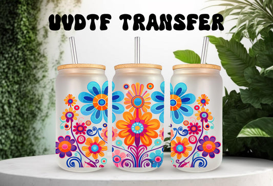 UVDTF Wrap Colorful Retro Flowers 16oz Can Glass Mug Tumbler,  Ready to apply, Permanent Waterproof adhesive