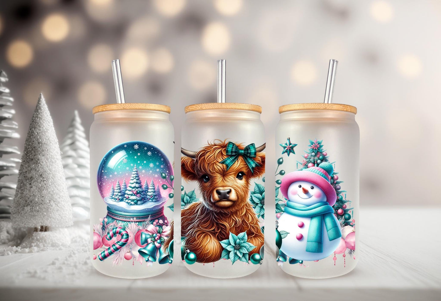 UVDTF Wrap Highland Cow Snowman Snow Globe, Christmas