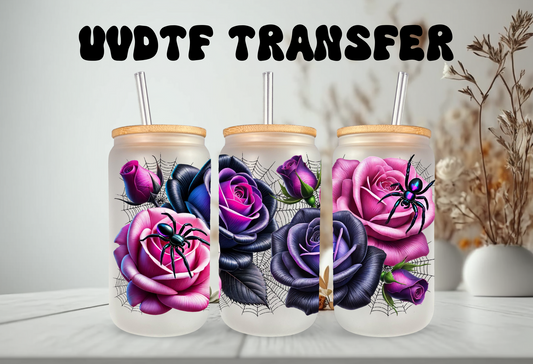 UVDTF Wrap Halloween Roses Spider 16 oz Can Glass Mug Tumbler, Halloween Wrap, Ready to Apply, Permanent Adhesive, Double Sided Print