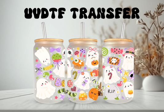 UVDTF Wrap Halloween Ghost Trick or Treat for 16oz Can Glass Mug Tumbler, Halloween Wrap, Ready to apply, Permanent Waterproof Adhesive