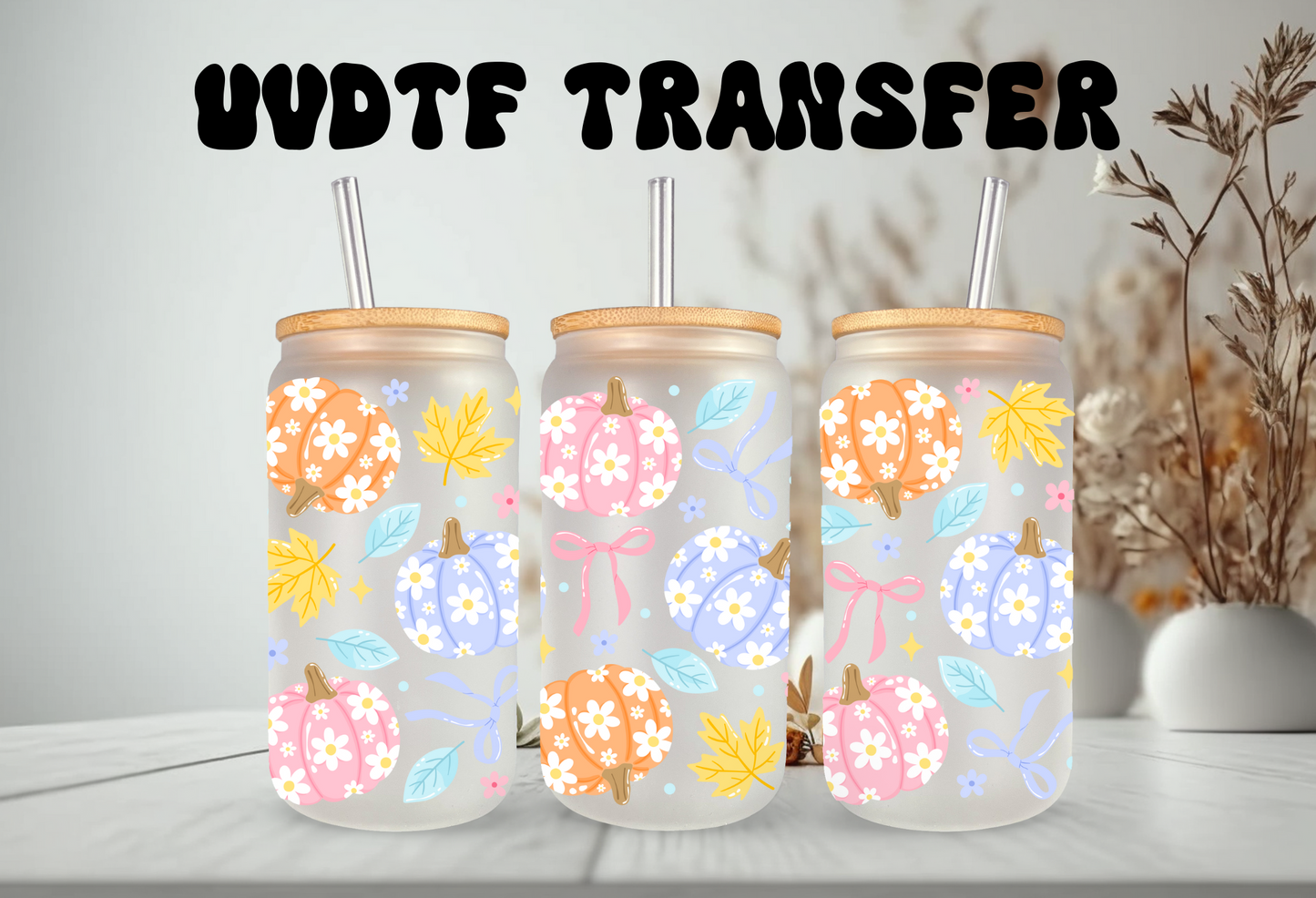 UVDTF Wrap Pastel Floral Pumpkin 16oz Can Glass Mug Tumbler, Fall Wrap,  Ready to apply, Permanent Waterproof Adhesive, Double Sided Option