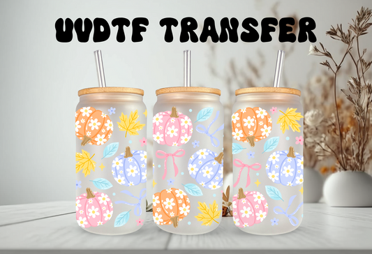UVDTF Wrap Pastel Floral Pumpkin 16oz Can Glass Mug Tumbler, Fall Wrap,  Ready to apply, Permanent Waterproof Adhesive, Double Sided Option
