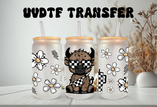 UVDTF Wrap Highland Cow Checkered Daisy 16oz Can Glass Mug Tumbler Wrap, Geese Wrap, Ready to apply, Permanent Adhesive