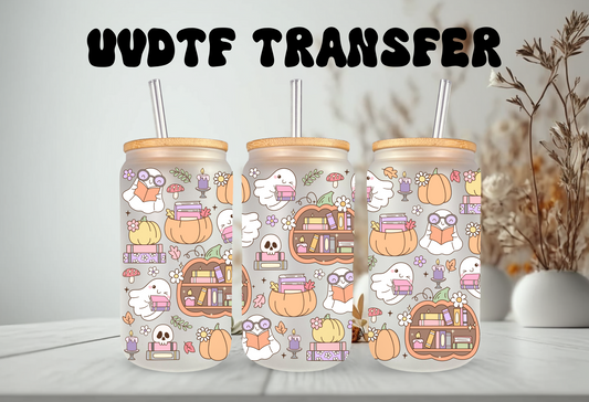 UVDTF Wrap Ghost Pumpkin Books 16oz Can Glass, Mug, Tumbler, Halloween, Ready to apply, Permanent Waterproof Adhesive