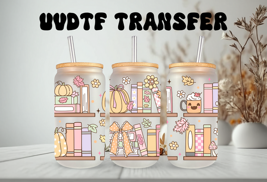 UVDTF Wrap Fall Bookshelf 16oz Can Glass, Mug, Tumbler, Halloween, Ready to apply, Permanent Waterproof Adhesive