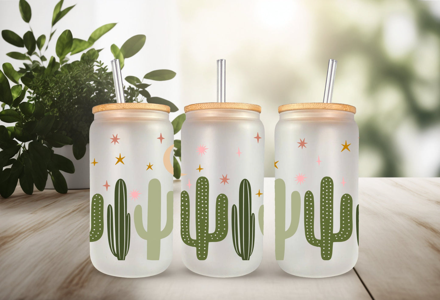 UVDTF Wrap Boho Dusk Cacti Cactus 16oz Can Glass, Mug, Tmbler, Cactus Wrap, Ready to apply, Permanent Adhesive Waterproof, Add on a Cup