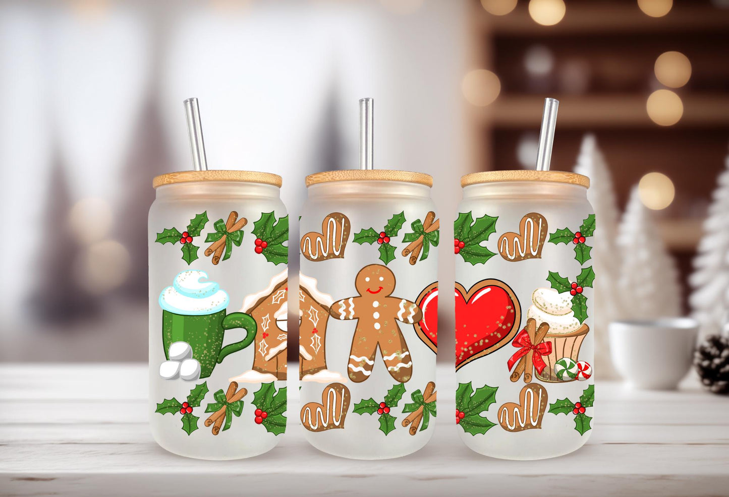 UVDTF WRAP Gingerbread Man House Christmas 16oz Can Glass Mug Tumbler, Ready to apply, Waterproof Permanent Adhesive
