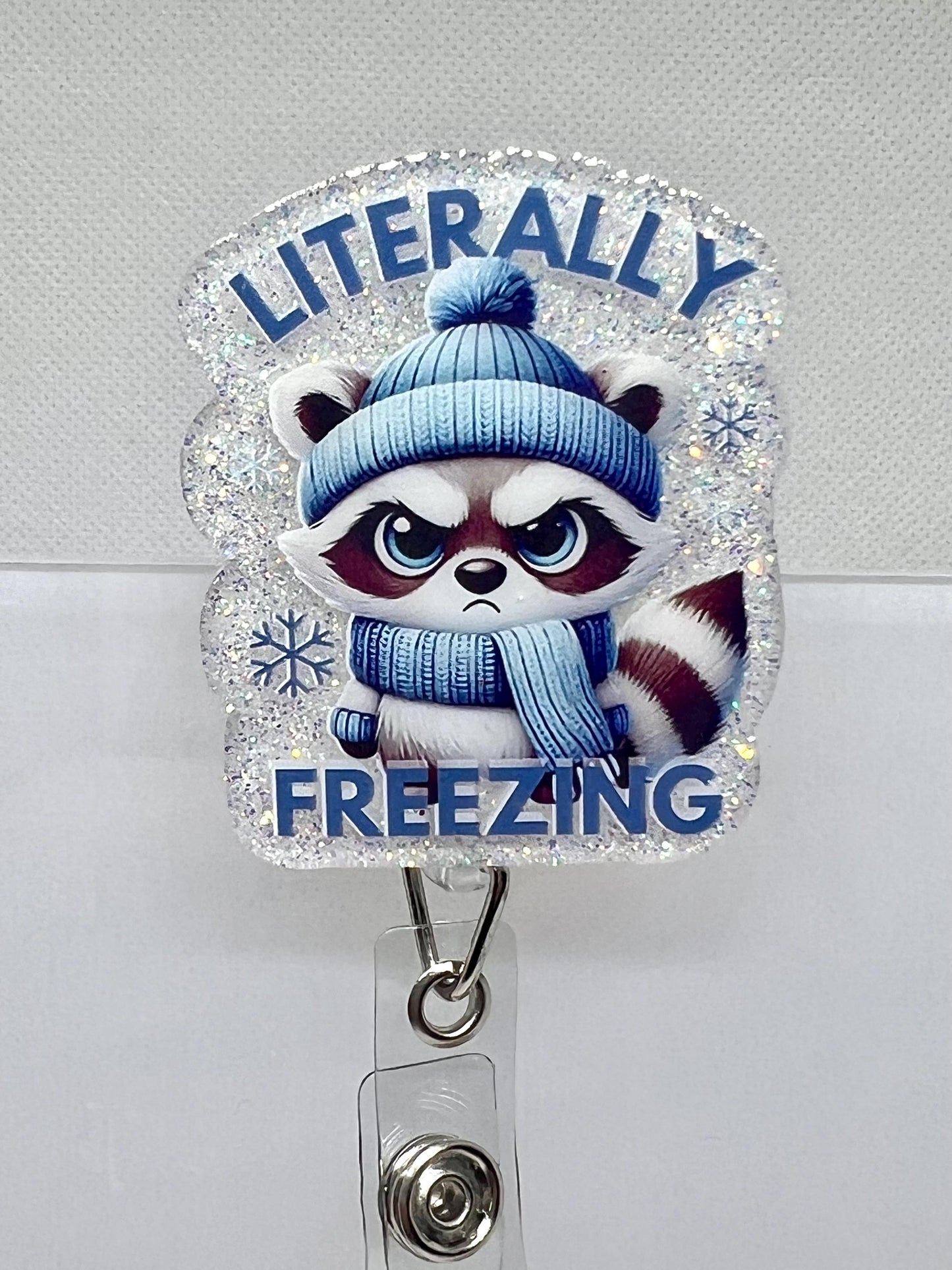 Acrylic Blank Decal Set Racoon Literally Freezing, DIY Badge Reels, Winter Badge, Blank and UVDTF sticker, Unfinished Badge Reel