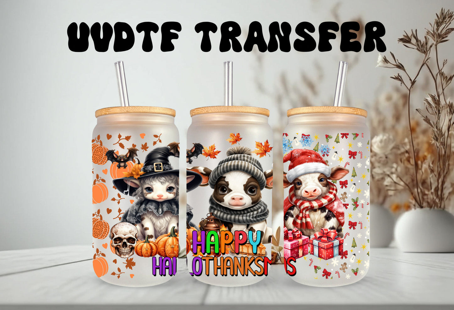 UVDTF Wrap Cows Happy Hallothankmas 16oz Can Glass Mug Tumbler, Ready to Apply, Permanent Waterproof Adhesive
