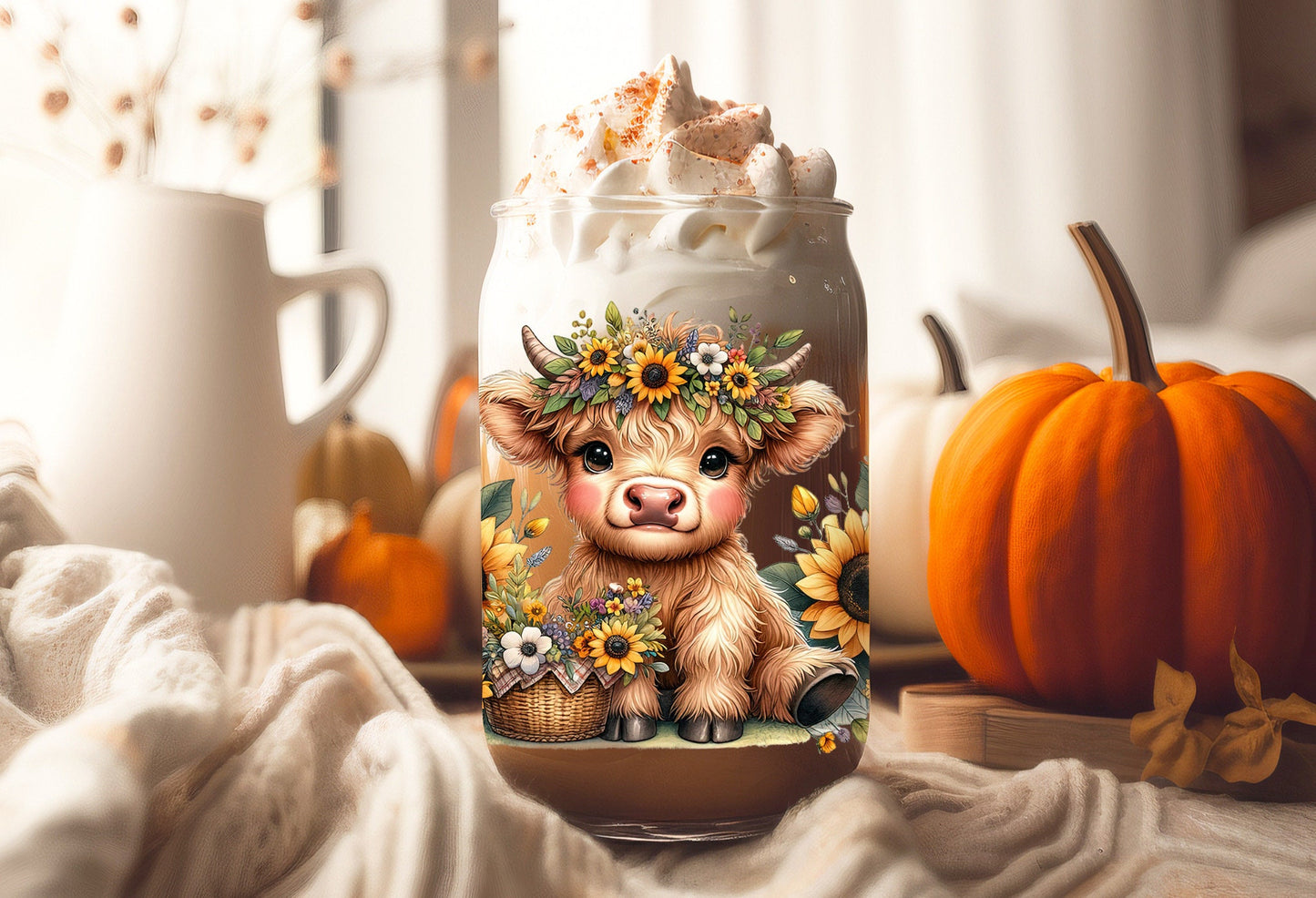 UVDTF Wrap Highland Cow Daisies Yellow for 16oz Can Glass, Mug Tumbler, Ready to apply, Permanent Adhesive, Double sided option