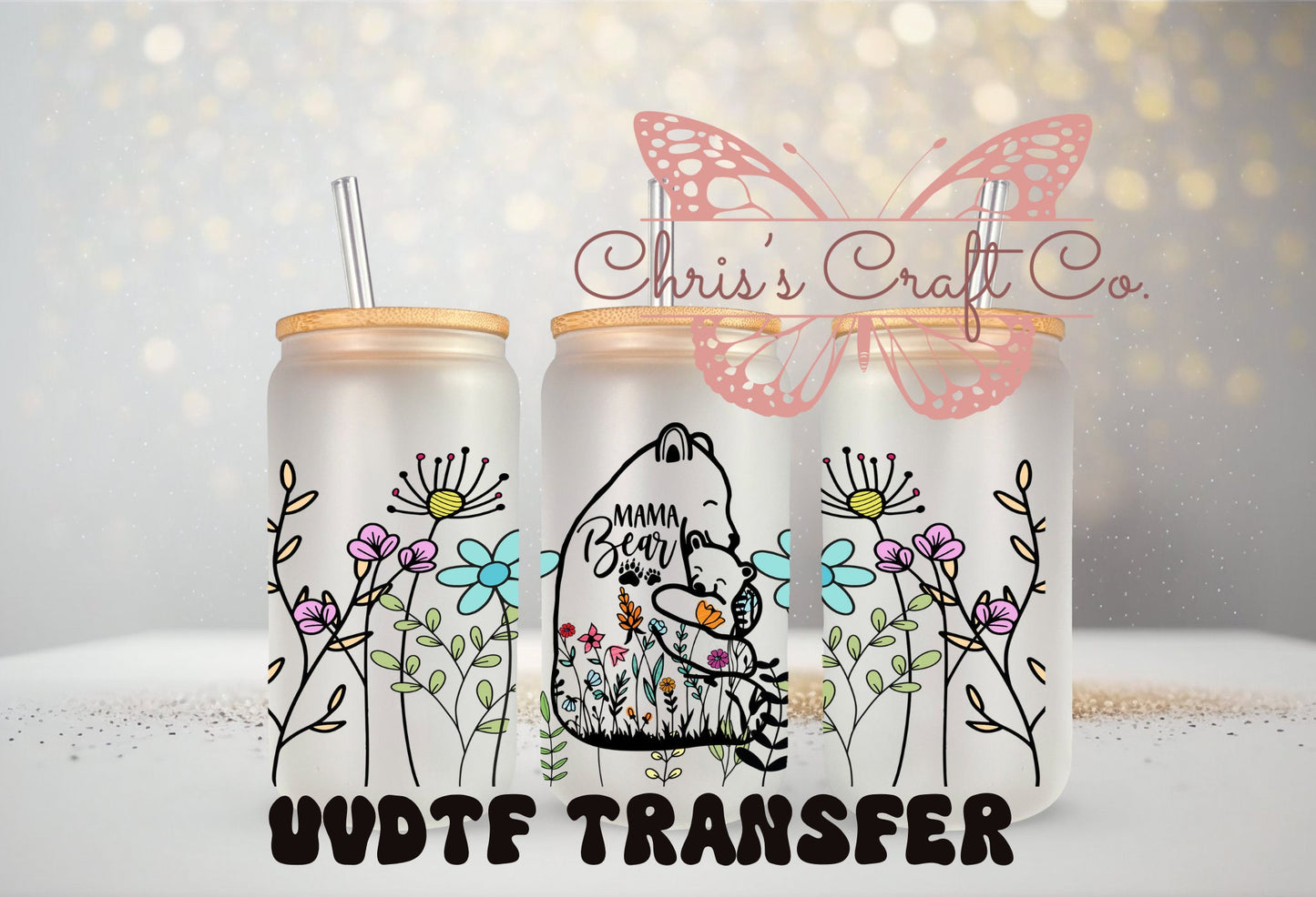 UVDTF Wrap Floral Mama Bear for 16oz Can Glass Mug Tumbler, Mom Wrap, Ready to Apply, Permanent Waterproof Adhesive