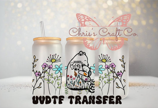 UVDTF Wrap Floral Mama Bear for 16oz Can Glass Mug Tumbler, Mom Wrap, Ready to Apply, Permanent Waterproof Adhesive