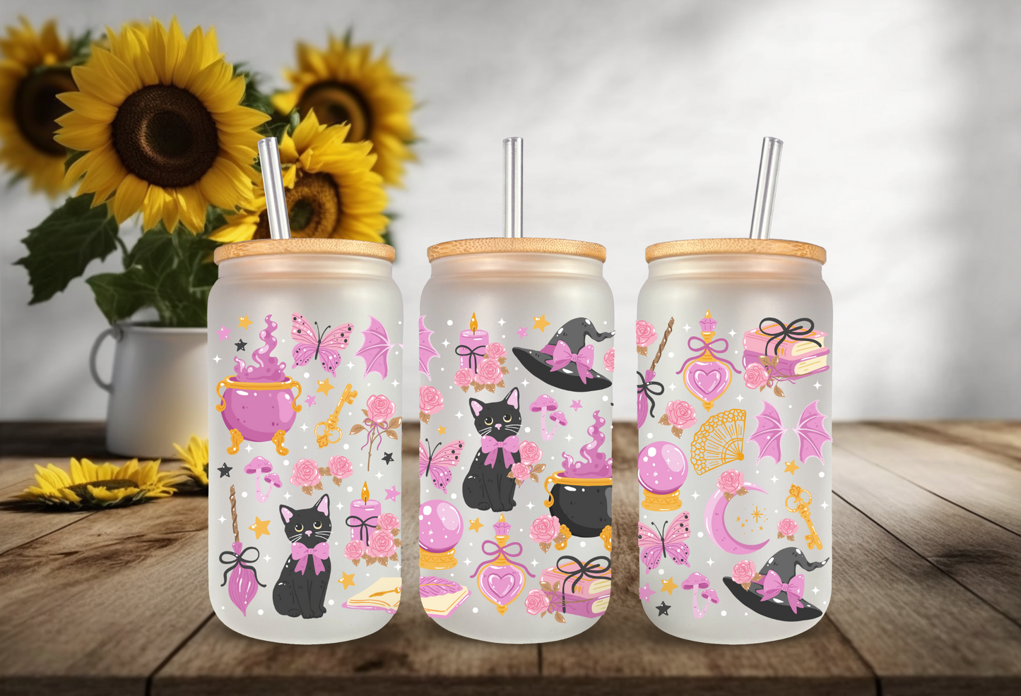 UVDTF Wrap Witchy Coquette Cats for 16oz Can Glass Mug Tumbler, Halloween Wrap, Ready to apply, Permanent Waterproof Adhesive