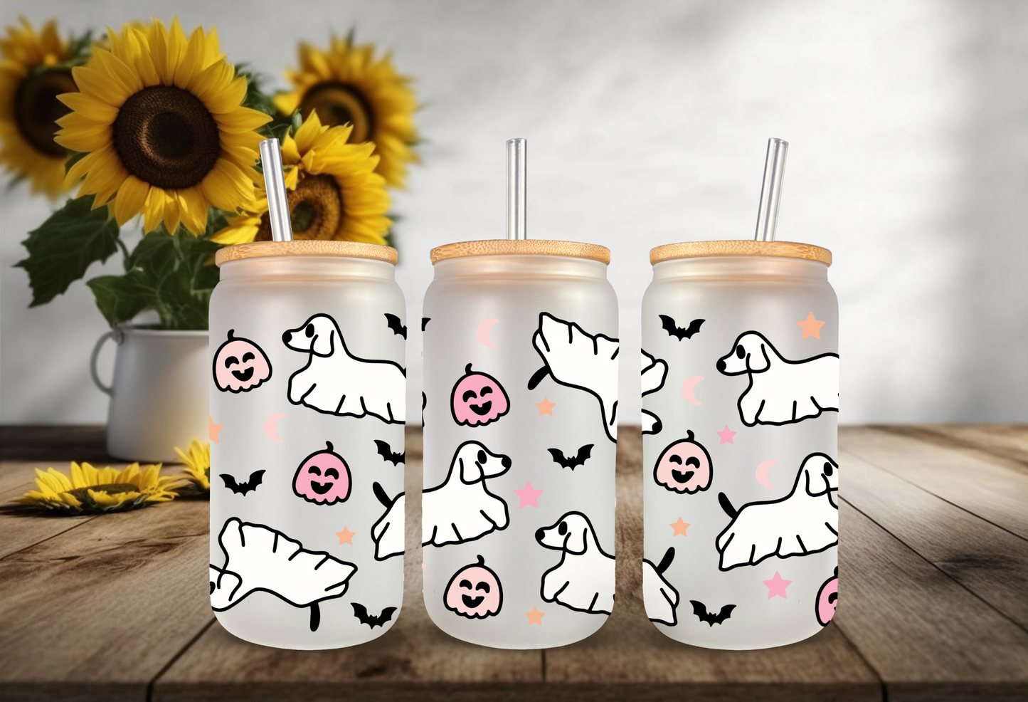 UVDTF Wrap Halloween Ghost Dogs for 16oz Can Glass Mug Tumbler, Ready to apply, Permanent adhesive, Double Sided option (Copy)
