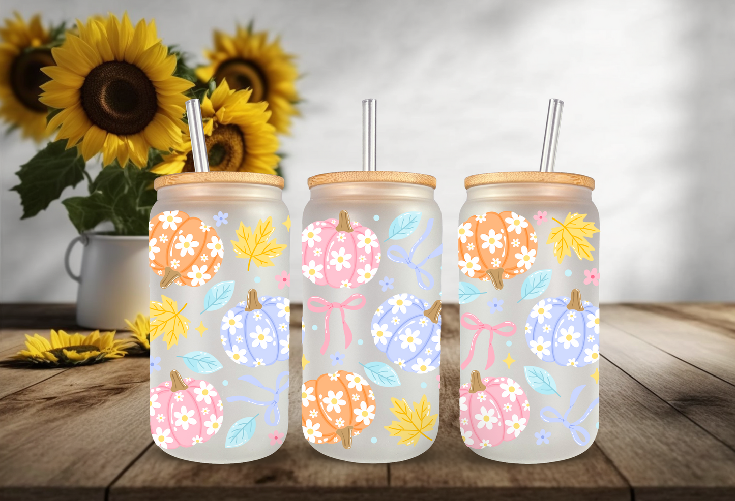 UVDTF Wrap Pastel Floral Pumpkin 16oz Can Glass Mug Tumbler, Fall Wrap,  Ready to apply, Permanent Waterproof Adhesive, Double Sided Option