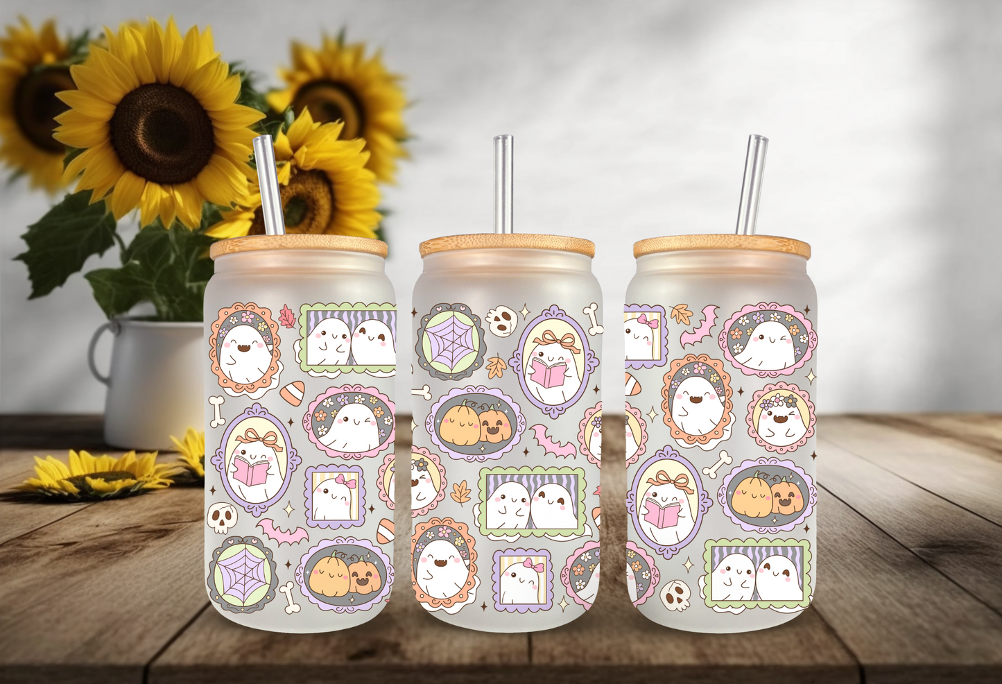 UVDTF Wrap Spooky Ghost Frames for 16oz Can Glass Mug Tumbler, Halloween Wrap, Ready to apply, Permanent Waterproof Adhesive