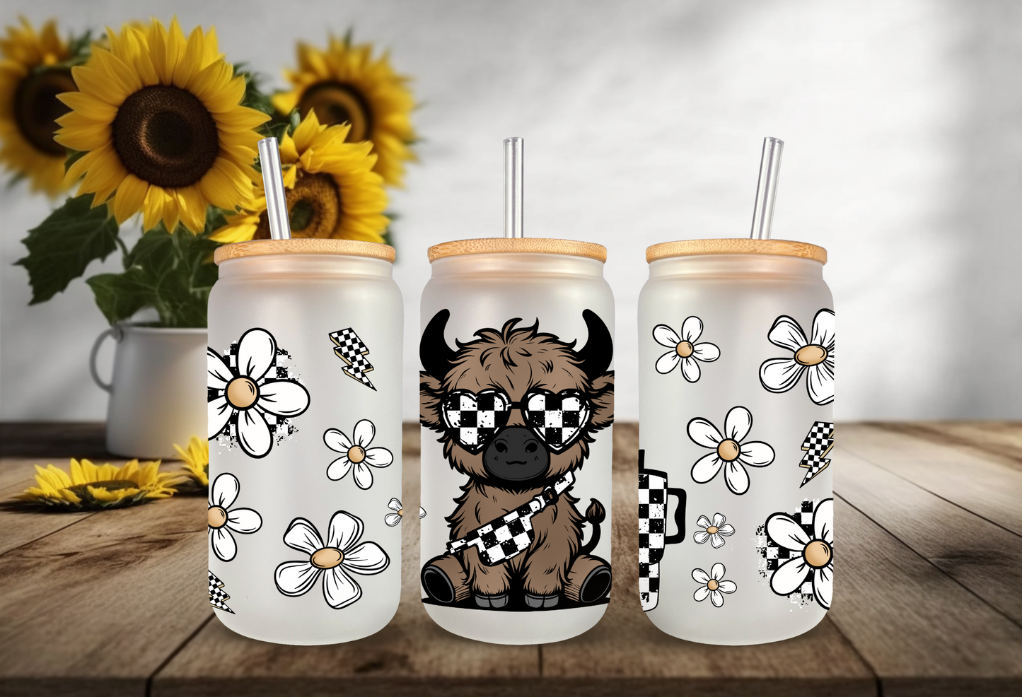 UVDTF Wrap Highland Cow Checkered Daisy 16oz Can Glass Mug Tumbler Wrap, Geese Wrap, Ready to apply, Permanent Adhesive