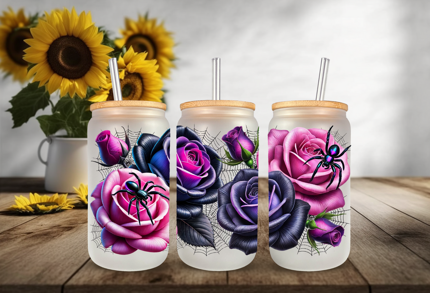 UVDTF Wrap Halloween Roses Spider 16 oz Can Glass Mug Tumbler, Halloween Wrap, Ready to Apply, Permanent Adhesive, Double Sided Print