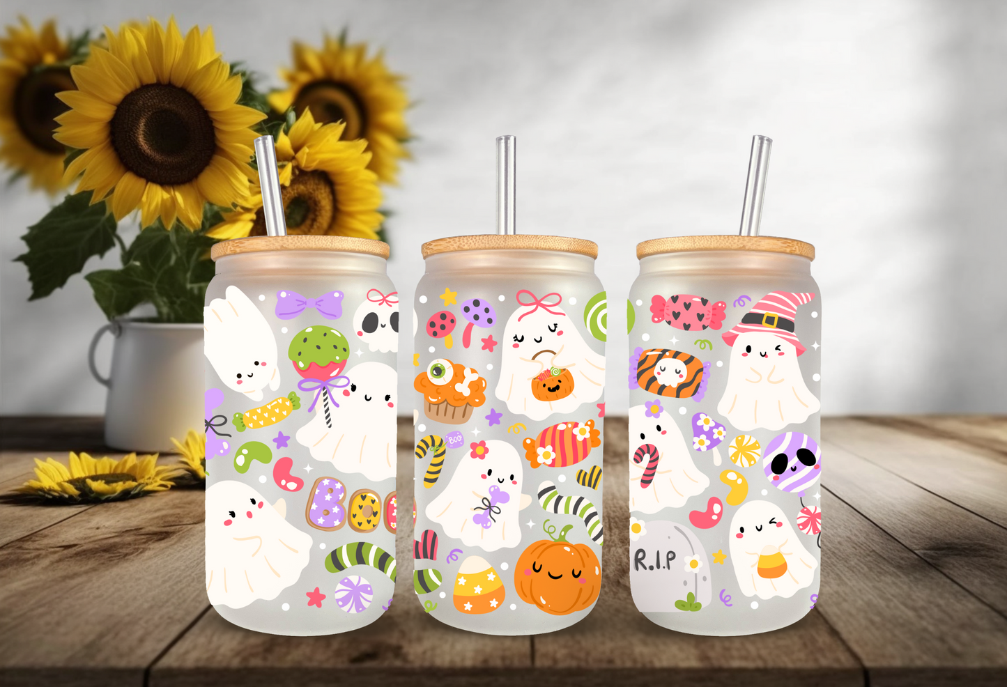 UVDTF Wrap Halloween Ghost Trick or Treat for 16oz Can Glass Mug Tumbler, Halloween Wrap, Ready to apply, Permanent Waterproof Adhesive