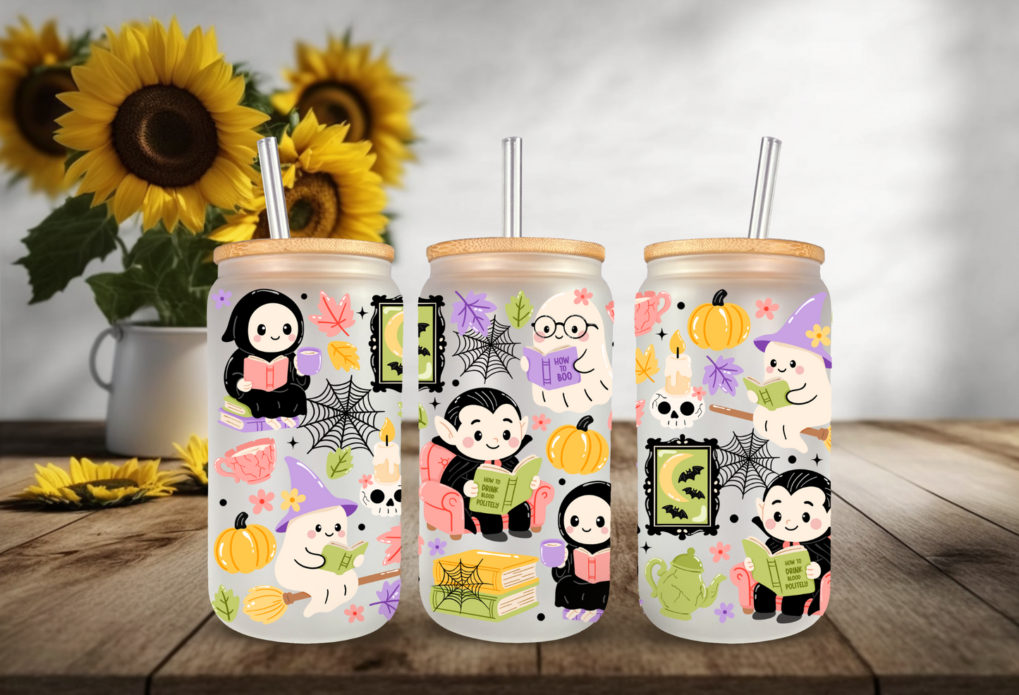 UVDTF Wrap Ghostly Book Club 16oz Can Glass, Mug, Tumbler, Halloween, Ready to apply, Permanent Waterproof Adhesive