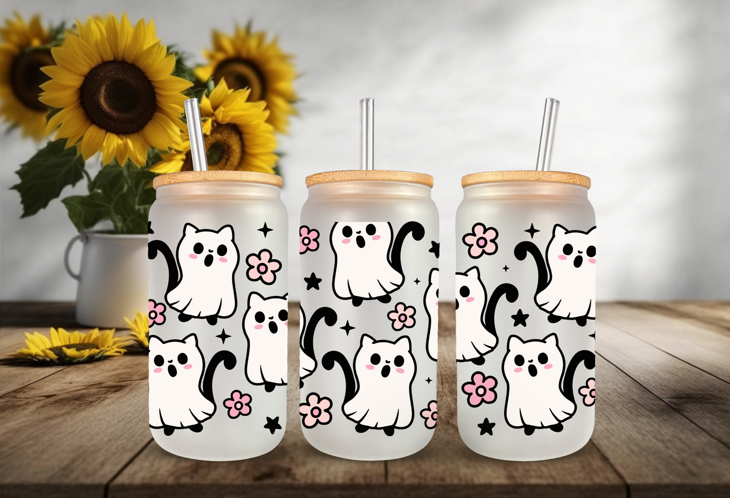UVDTF Wrap Halloween Ghost Cat for 16oz Can Glass Mug Tumbler, Halloween Wrap, Ready to apply, Permanent Waterproof Adhesive