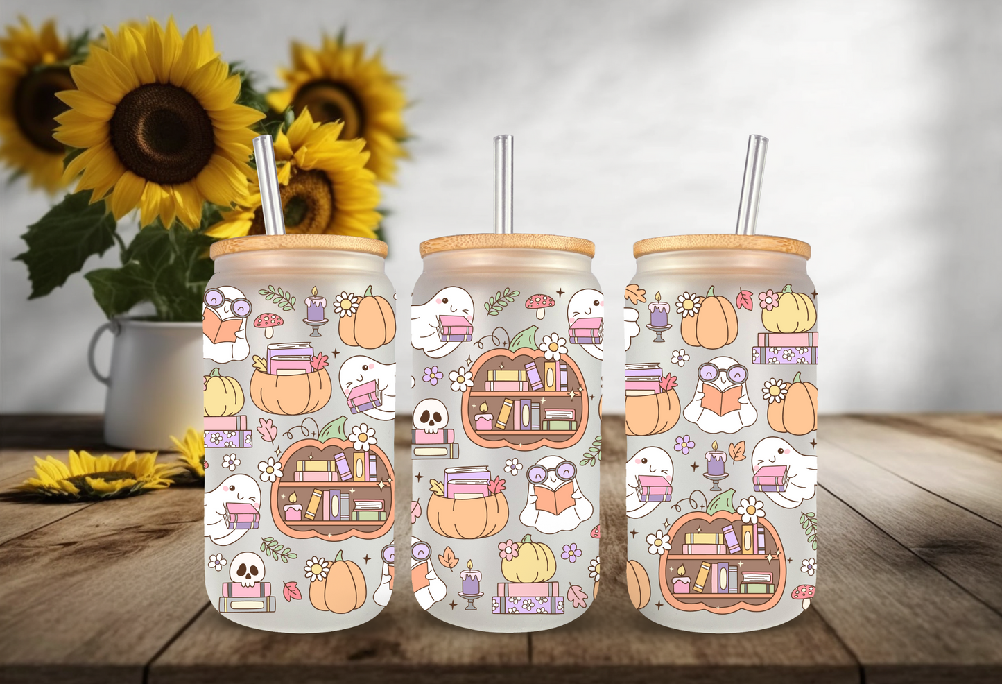 UVDTF Wrap Ghost Pumpkin Books 16oz Can Glass, Mug, Tumbler, Halloween, Ready to apply, Permanent Waterproof Adhesive