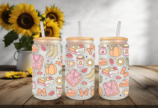 UVDTF Wrap Girly Autumn 16oz Can Glass Mug Tumbler Wrap, Ready to apply, Permanent Waterproof Adhesive, Double sided option