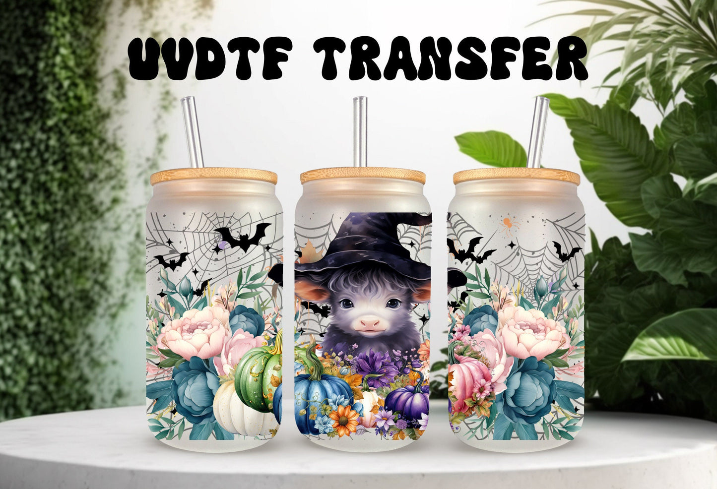UVDTF Wrap Cow Witch Blue Floral Pumpkin 16oz Can Glass, Mug, Tumbler, Ready to Apply, Permanent Waterproof Adhesive