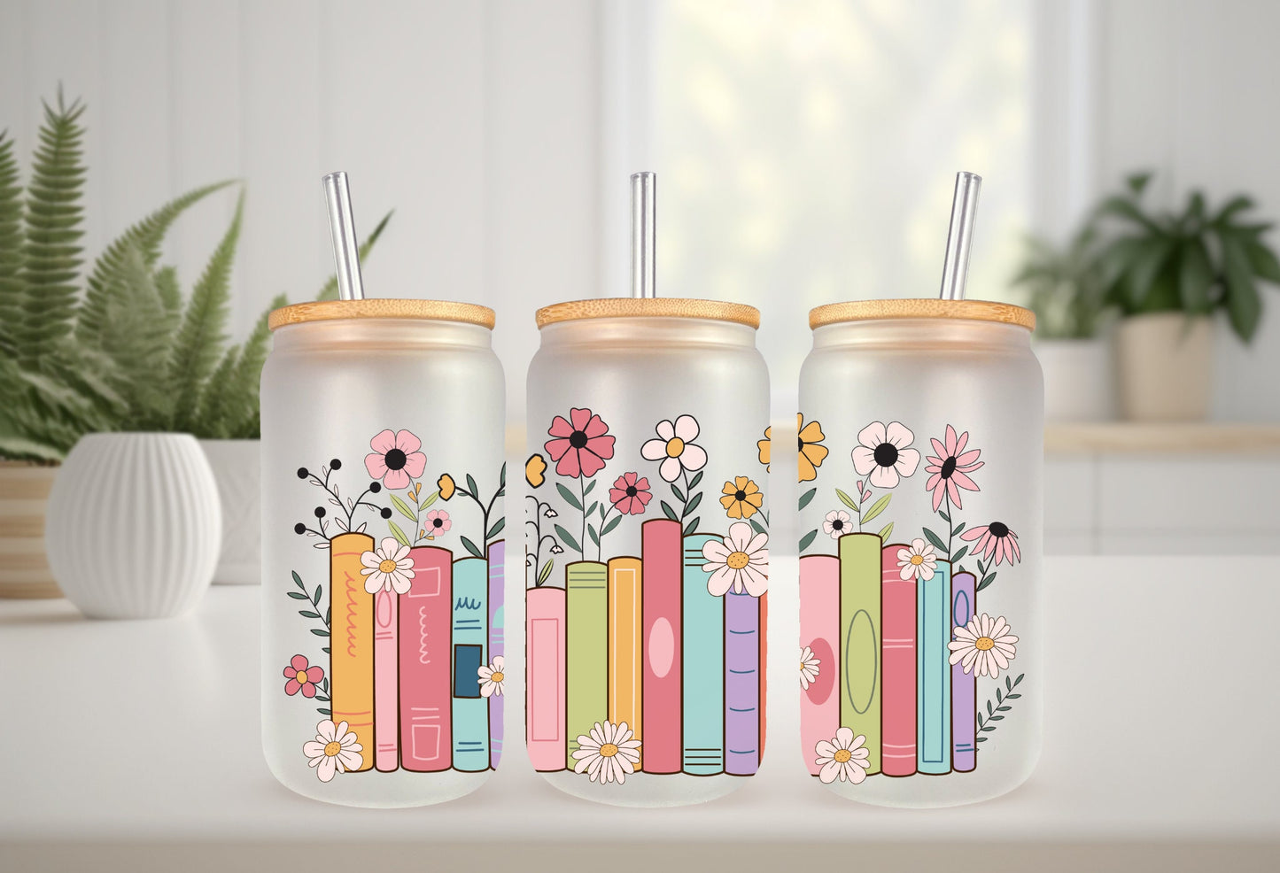 UVDTF Wrap Floral Books 16oz Can Glass Mug Tumbler Wrap, Book Wrap, Ready to Apply, Permanent Adhesive, Double Sided Print