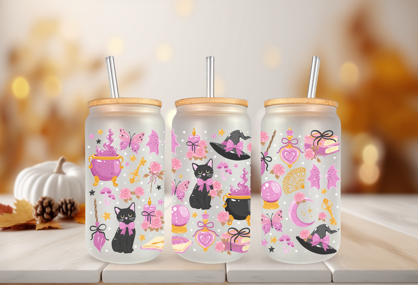 UVDTF Wrap Witchy Coquette Cats for 16oz Can Glass Mug Tumbler, Halloween Wrap, Ready to apply, Permanent Waterproof Adhesive