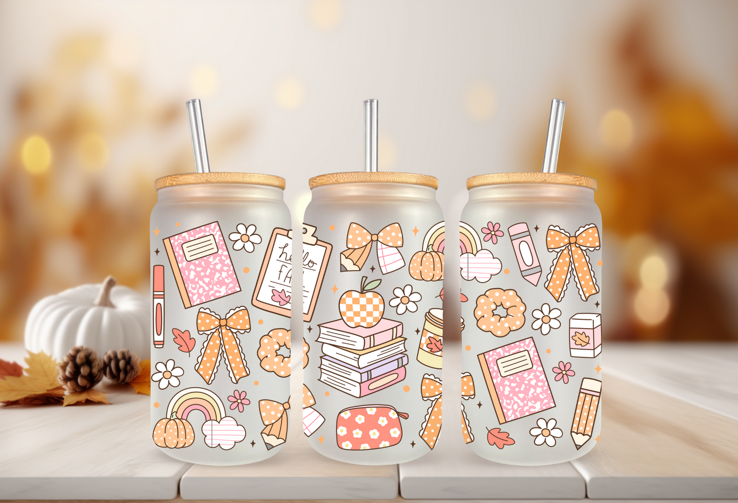 UVDTF Wrap Fall Teacher for 16oz Can Glass Mug Tumbler, Ready to Apply, Permanent Waterproof Adhesive